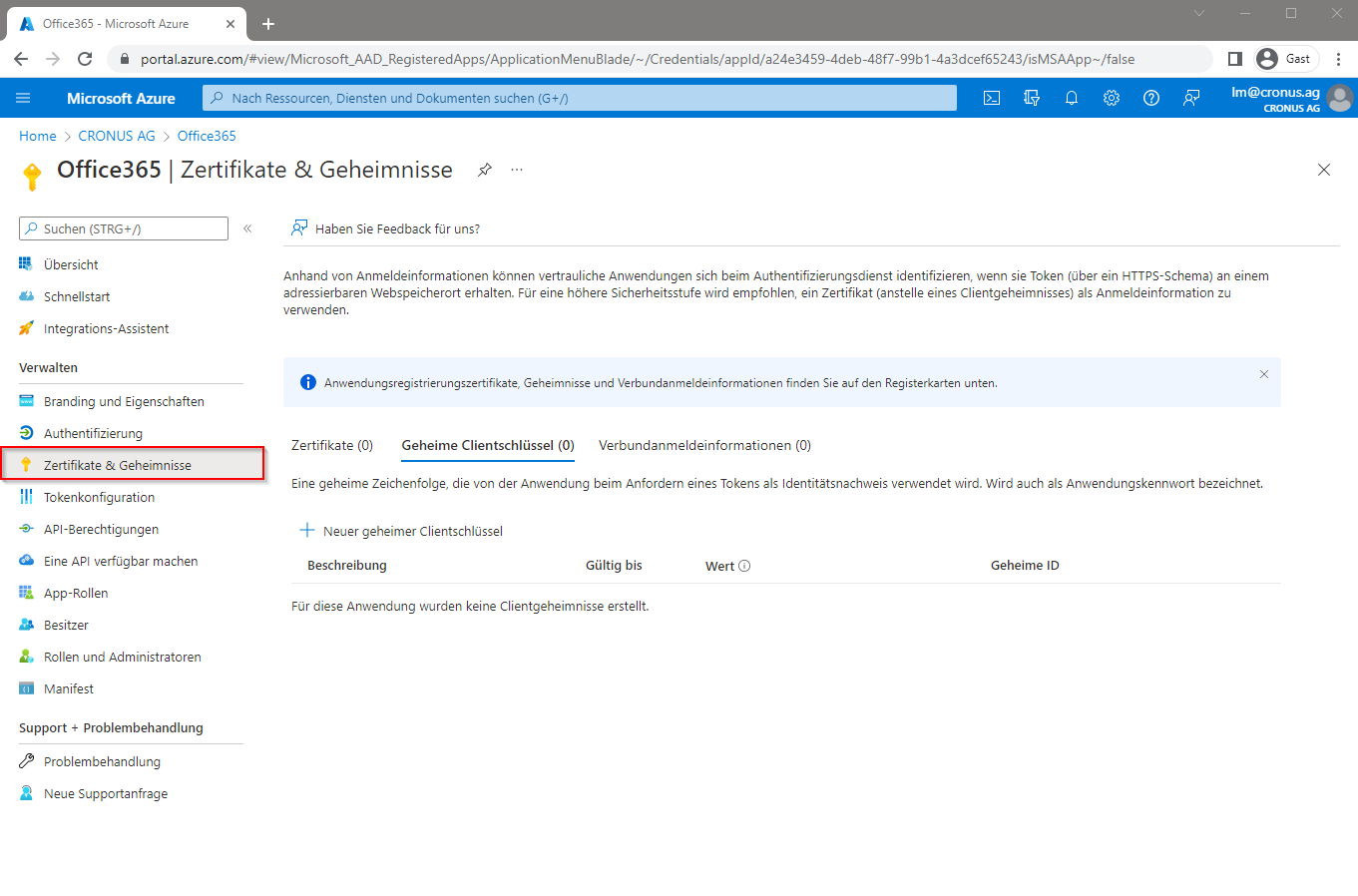Microsoft Azure Zertifikate &amp; Geheimnisse