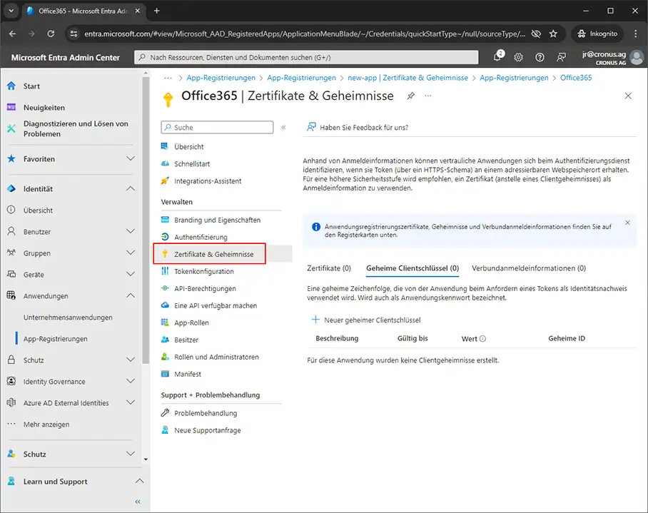 Microsoft Entra Admin Center Zertifikate &amp; Geheimnisse