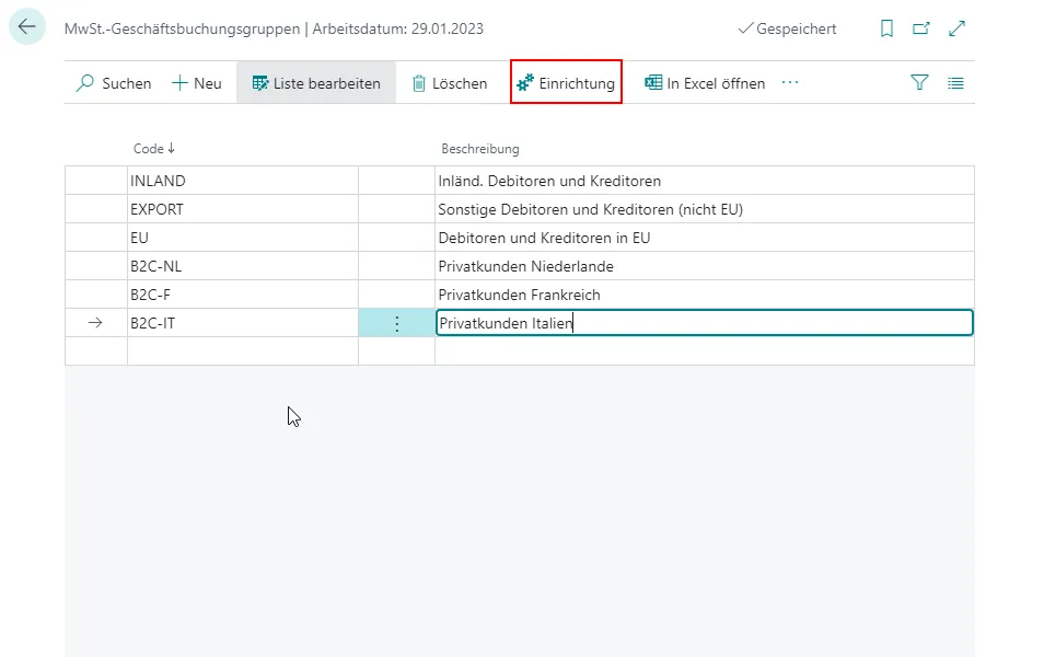 Einrichtung Geschäftsbuchungsgruppen in Business Central