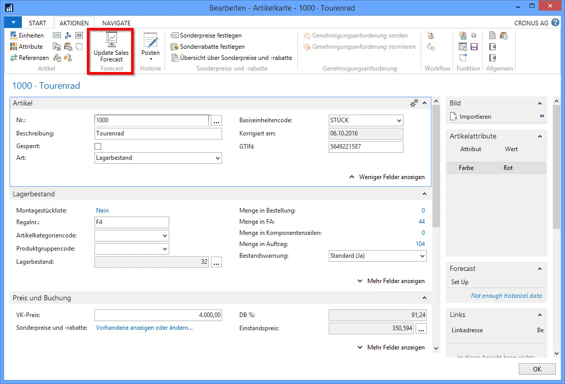 Artikelkarte - Update Sales Forecast