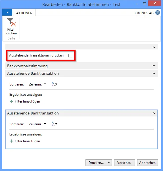 Bankkonto abstimmen - Ausstehende Transaktionen drucken