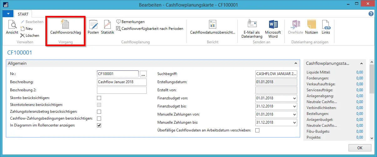 Cashflowplanungskarte - Cashflowvorschlag