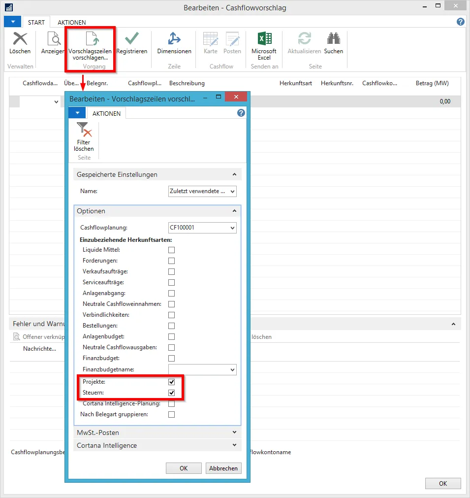 Cashflowvorschlag - Vorschlagszeilen vorschlagen&hellip; - Projekte Steuern