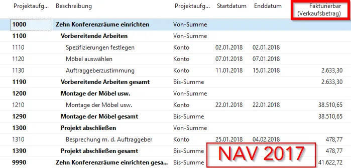 NAV 2017 - Projektkarte - Aufgaben - Fakturierbar (Verkaufsbetrag)