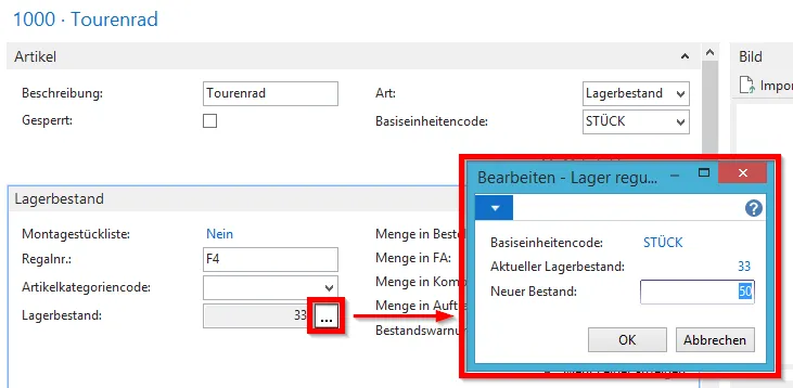Artikelkarte - Lagerbestand regulieren