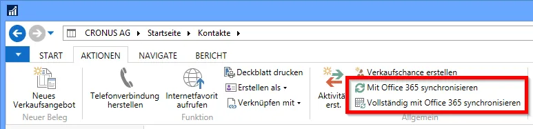 Menü-Aufrufe Office 365 synchronisieren