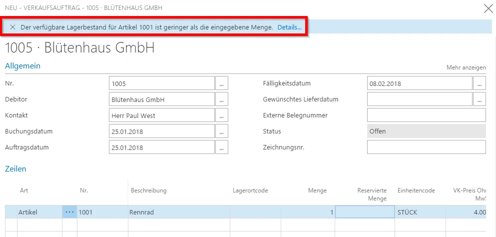 Verkaufsauftrag - Lagerbestand geringer als eingegebene Menge