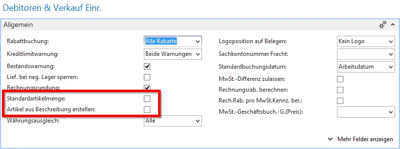 Debitoren &amp; Verkauf Einrichtung - Standardartikelmenge und Artikel aus Beschreibung erstellen