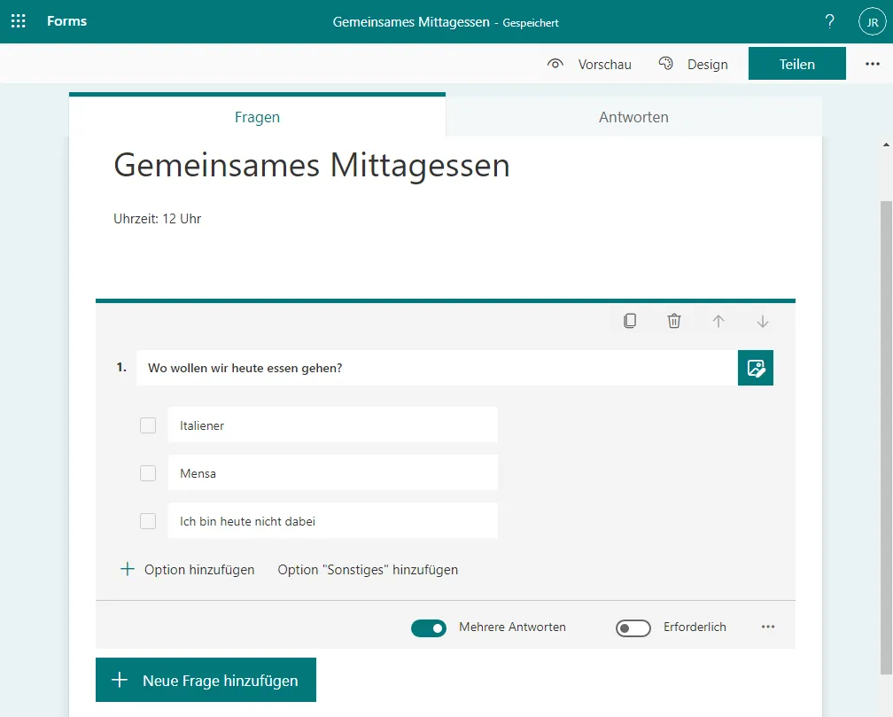 Auswahl mehrerer Antworten in Microsoft Forms