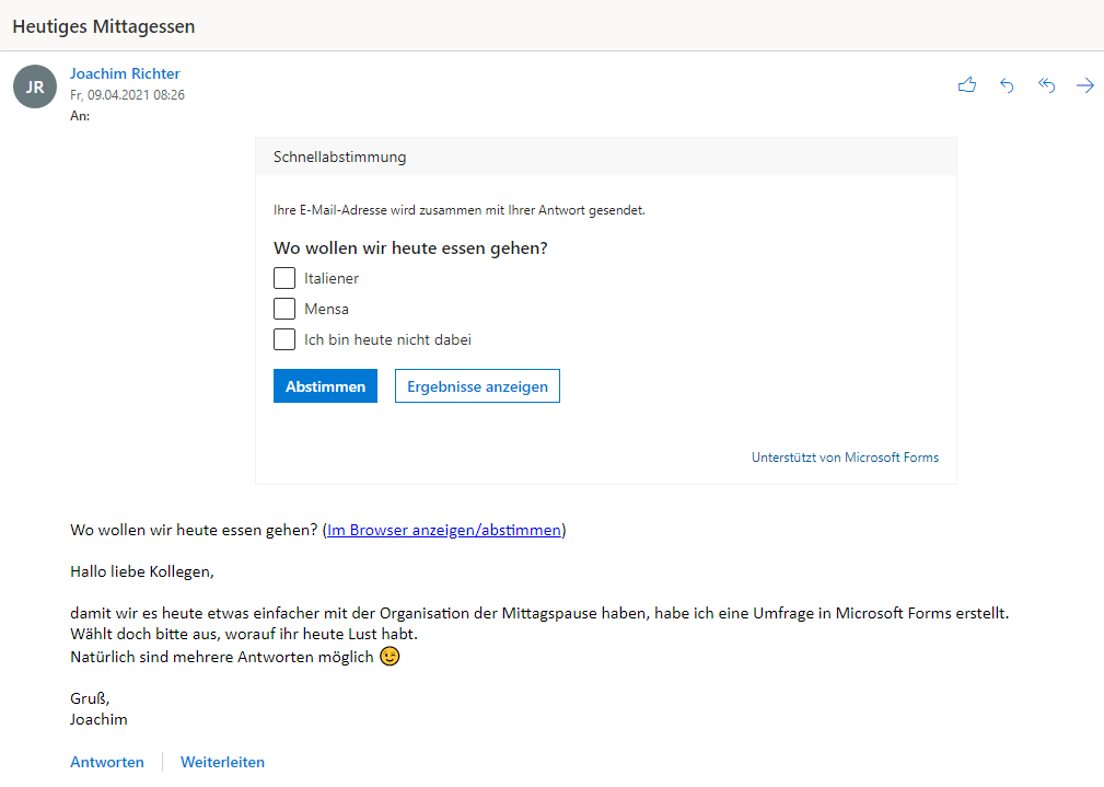 Microsoft Forms in einer E-Mail