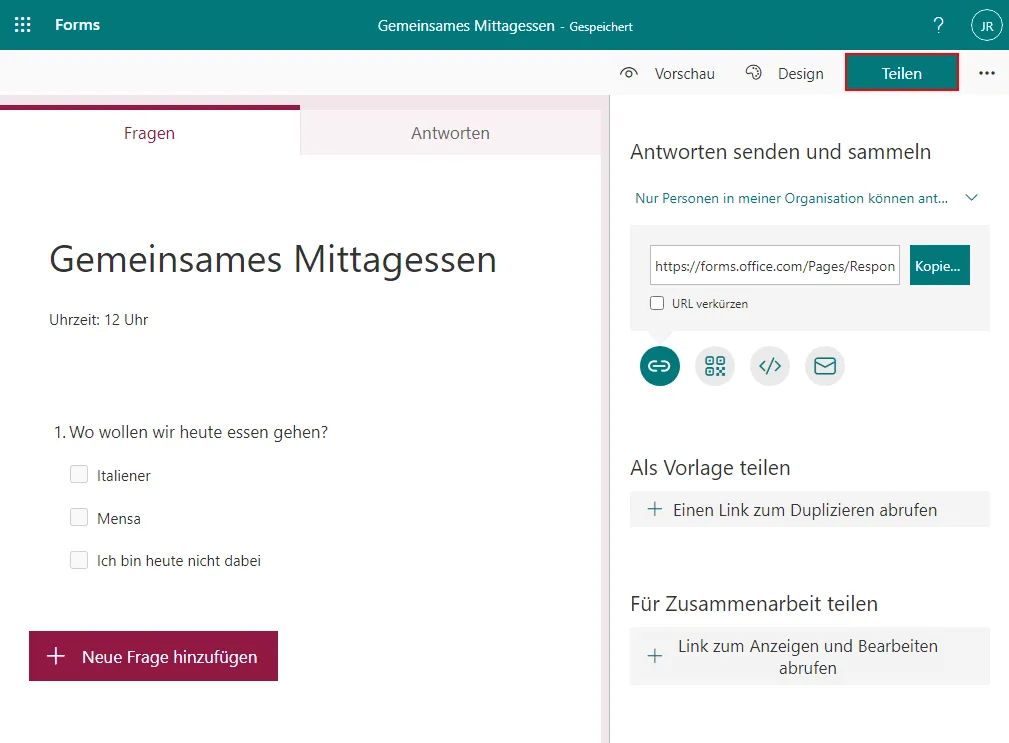 Teilen in Microsoft Forms