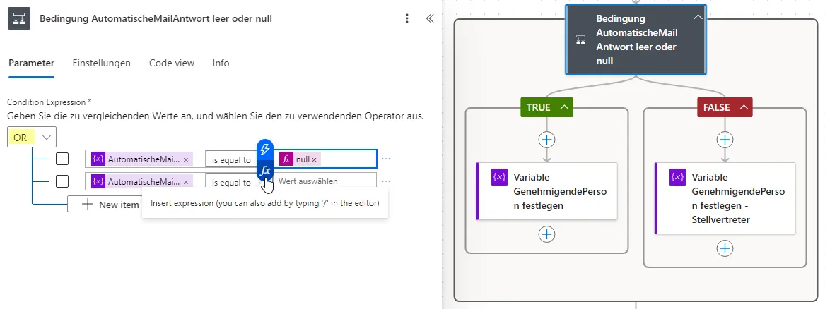 Bedingung Variable AutomatischeMailAntwort ist null