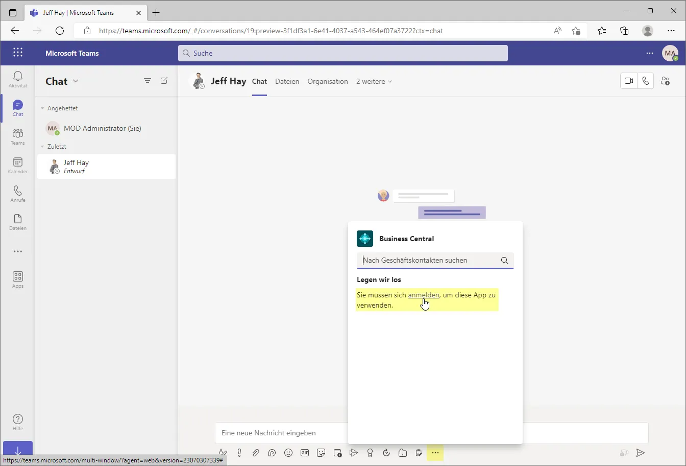 Business Central in Teams anmelden
