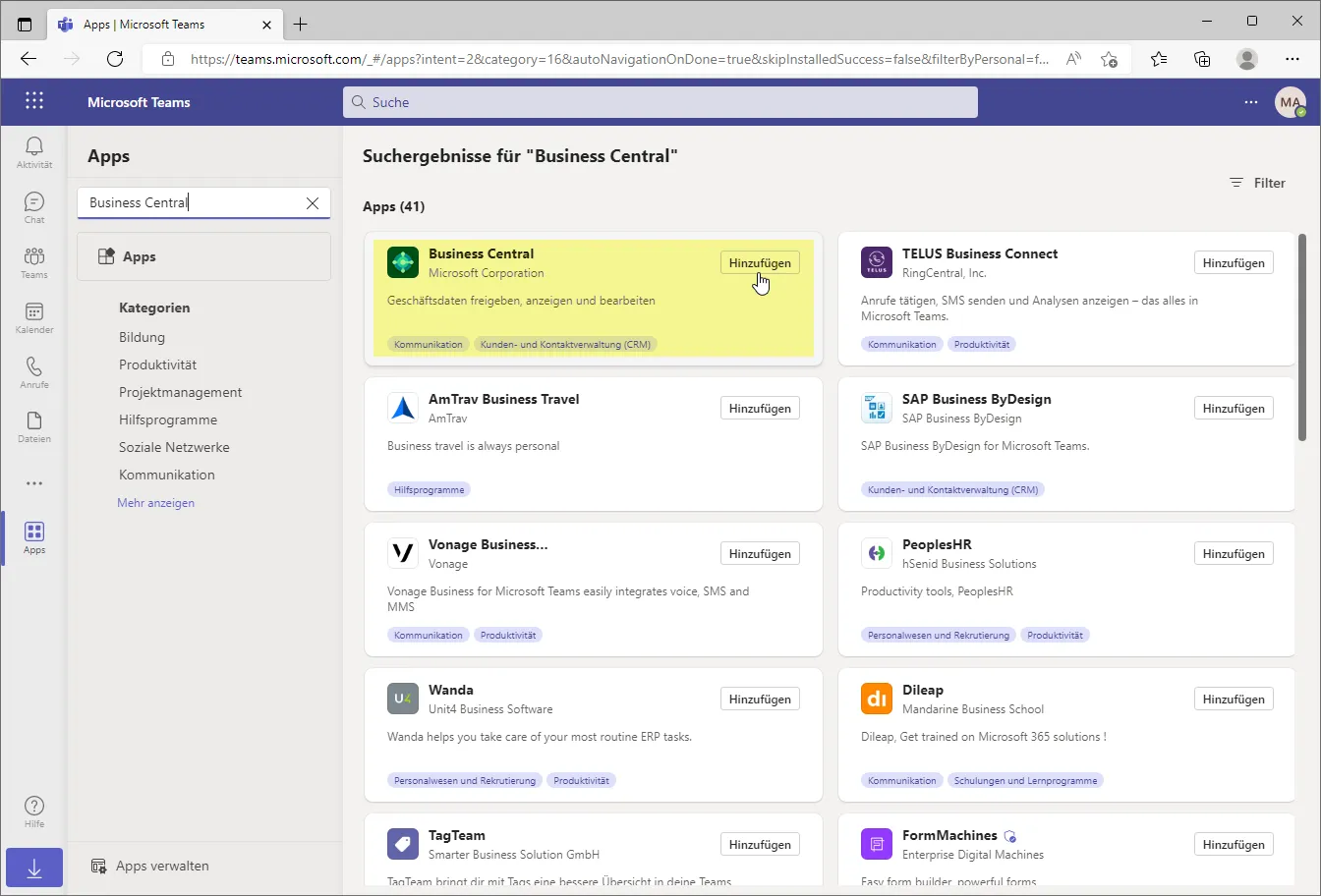 Business Central in Teams installieren