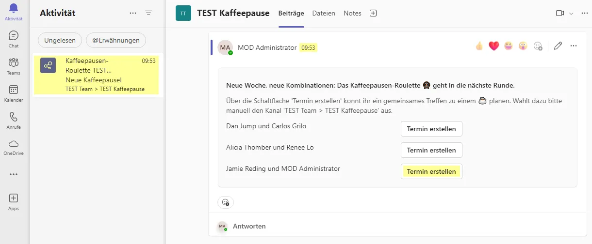 Ausgabe adaptive Karte in Teams