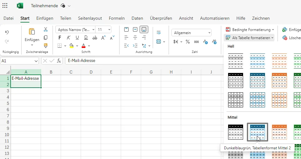 Excel-Liste Teilnehmende