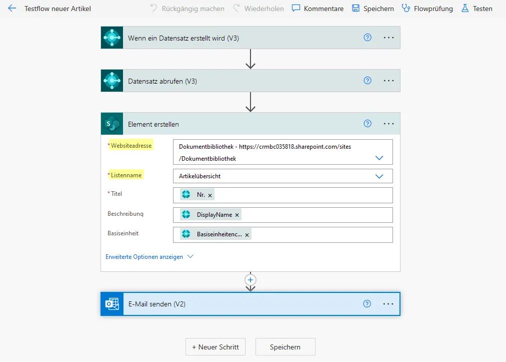 Testflow SharePoint-Aktion