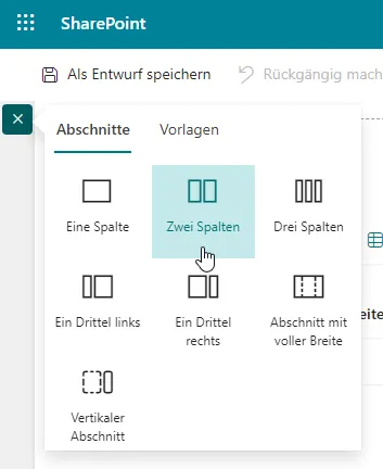 Über das Plus-Symbol links oben können Sie einen neuen Abschnitt mit zwei Spalten einrichten