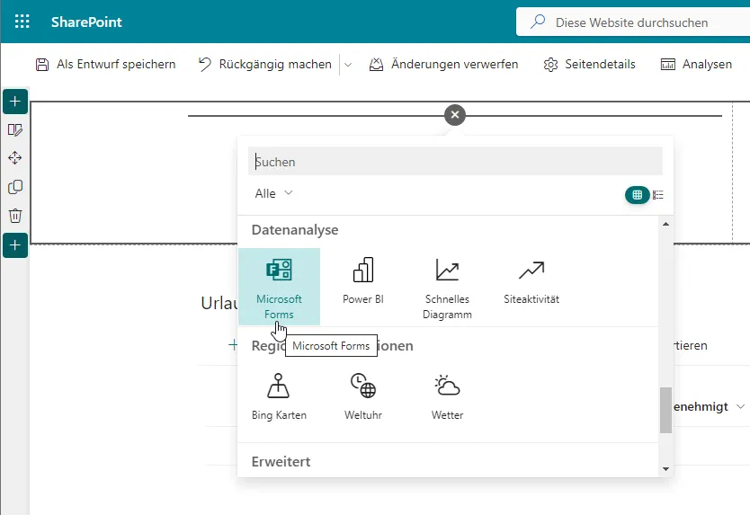 Binden Sie Microsoft Forms als neues Webpart ein