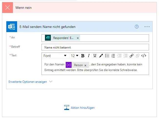 Outlook-Aktion &lsquo;E-Mail senden&rsquo; hinzufuegen