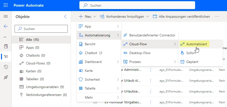 Dem Pfad &lsquo;Neu &gt; Automatisierung &gt; Cloud-Flow &gt; Automatisiert&rsquo; folgen