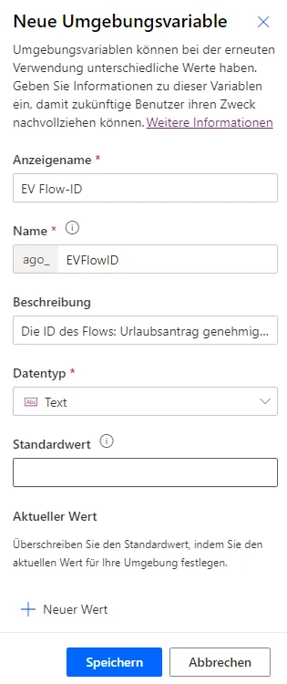 Anzeigename, Datentyp, &lsquo;Standardwert&rsquo; oder &lsquo;Aktueller Wert&rsquo;