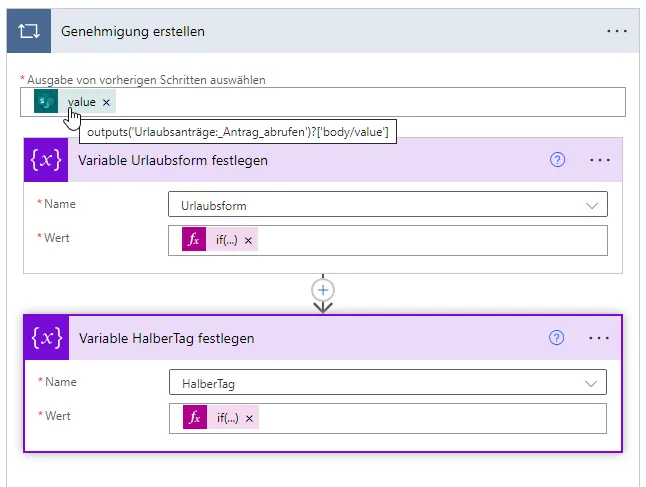 Status ist genehmigt ja Variablen anlegen