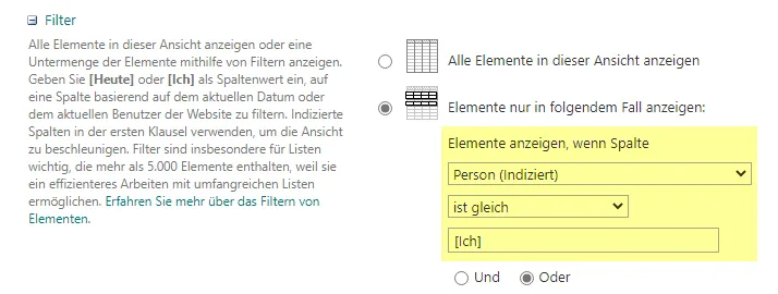 Beschränken Sie unter Filter die Spalte ‘Person’.