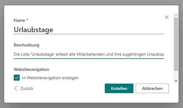 Erstellen Sie eine Liste &lsquo;Urlaubstage&rsquo;.