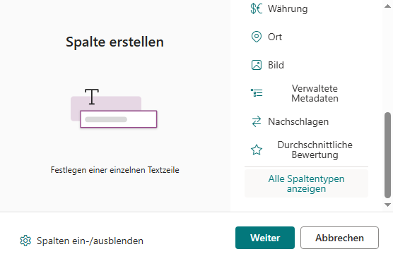 Klicken Sie auf ‘Alle Spaltentypen anzeigen’ und auf ‘Weiter’.