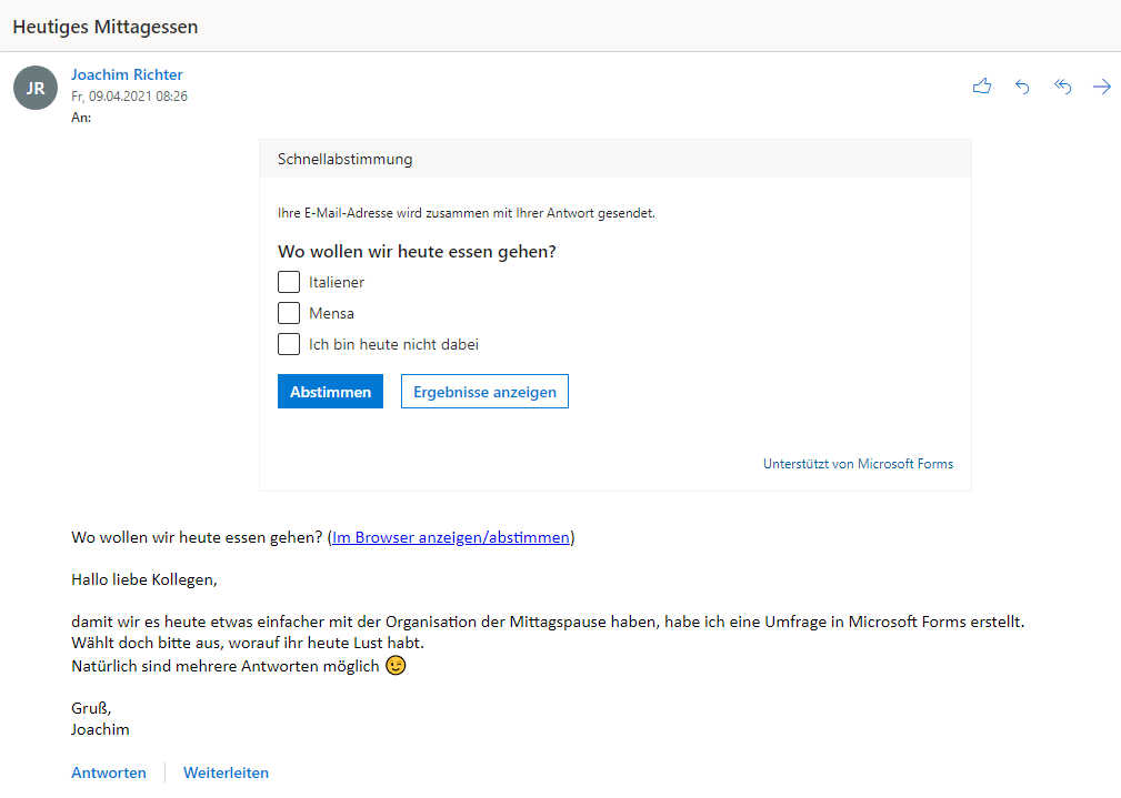 Microsoft Forms in an Email